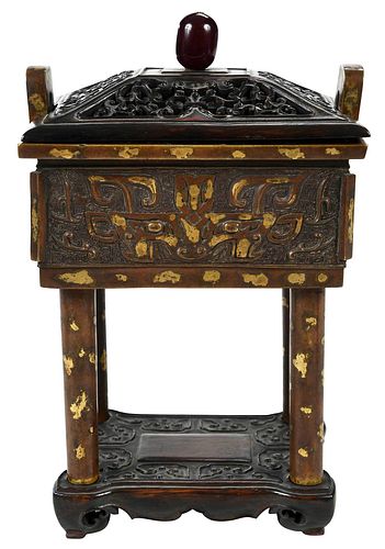 CHINESE BRONZE CENSER SPLASHED GOLD