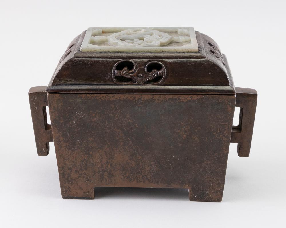 CHINESE BRONZE CENSER WITH JADE