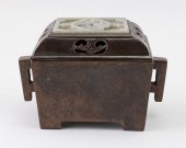 CHINESE BRONZE CENSER WITH JAD
