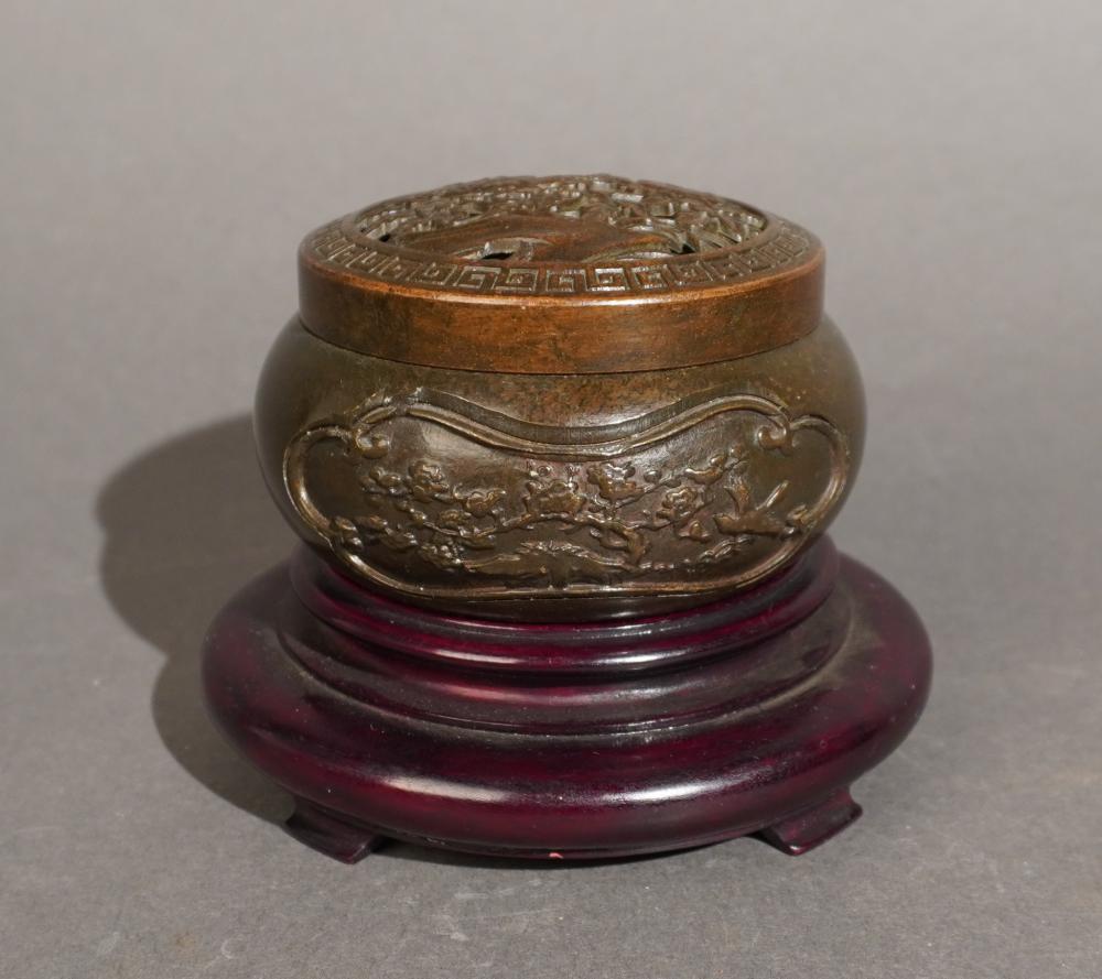 CHINESE BRONZE CENSOR ON WOOD