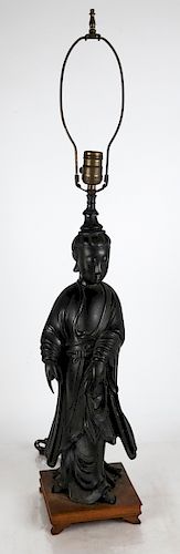 CHINESE BRONZE DEITY STATUE ON WOOD