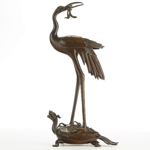 CHINESE BRONZE OF A CRANE ON A