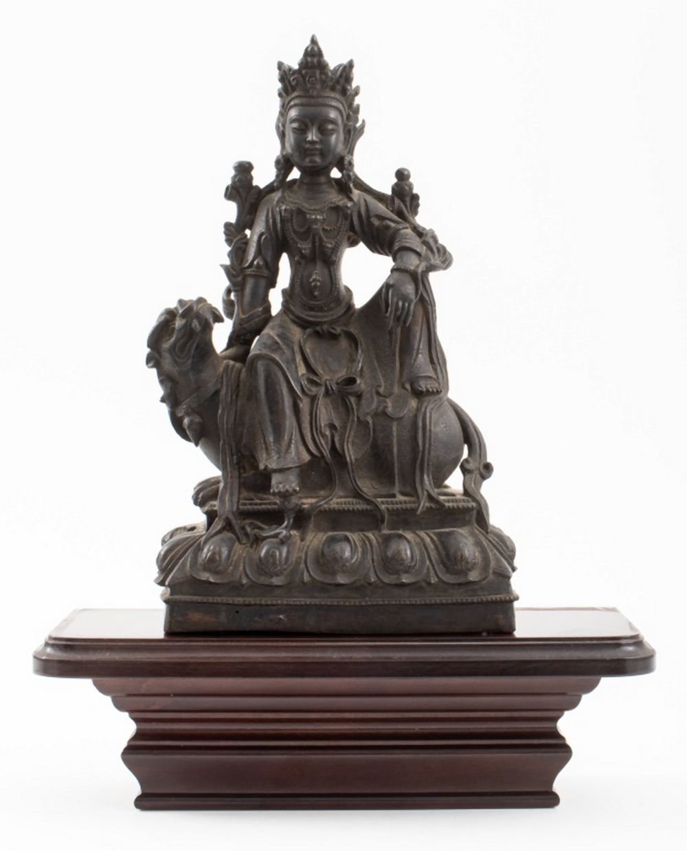 CHINESE BRONZE QUAN YIN ON FOO LION