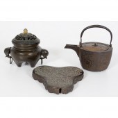 Chinese Bronze Teapot and Cens