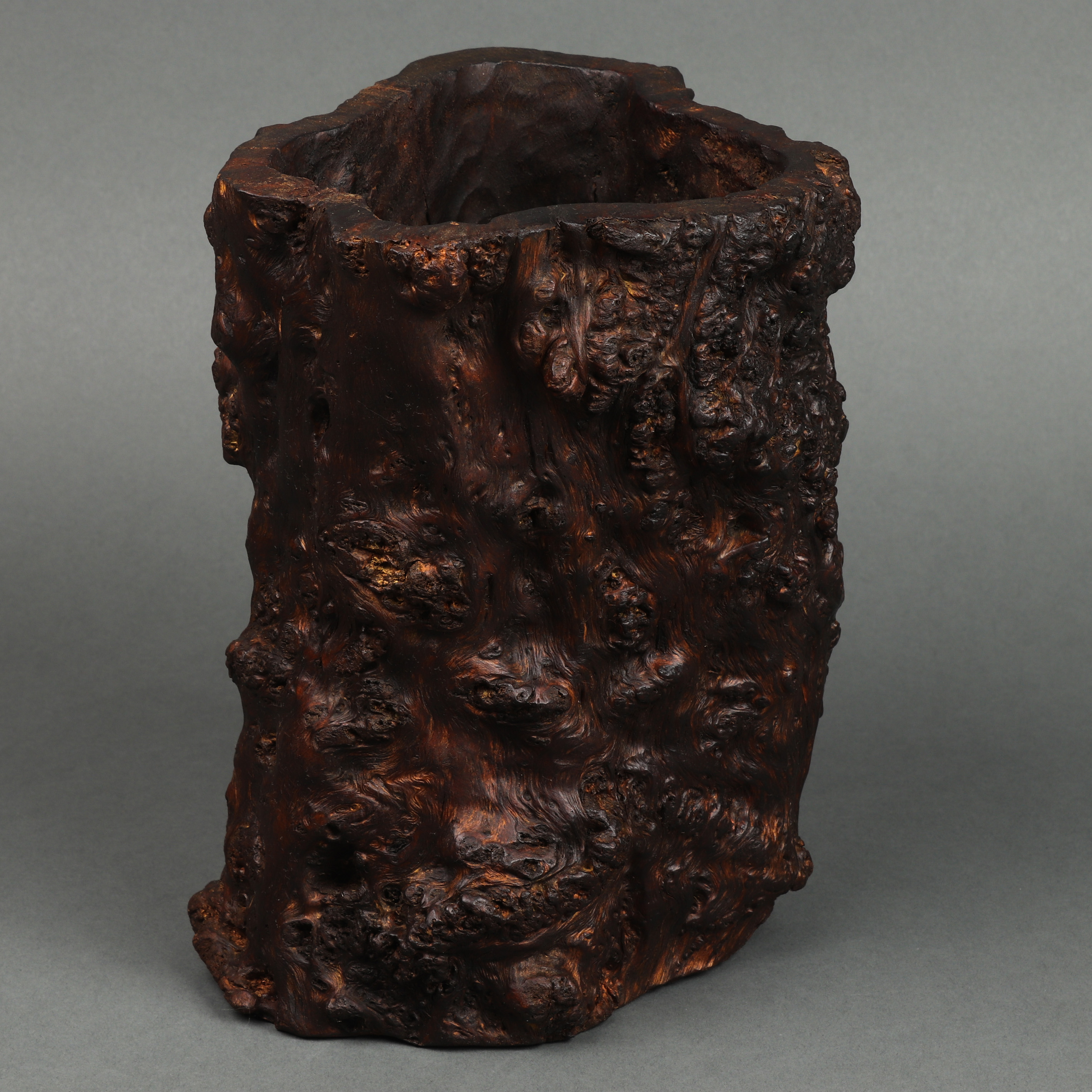 CHINESE BURL WOOD BRUSH POT Chinese