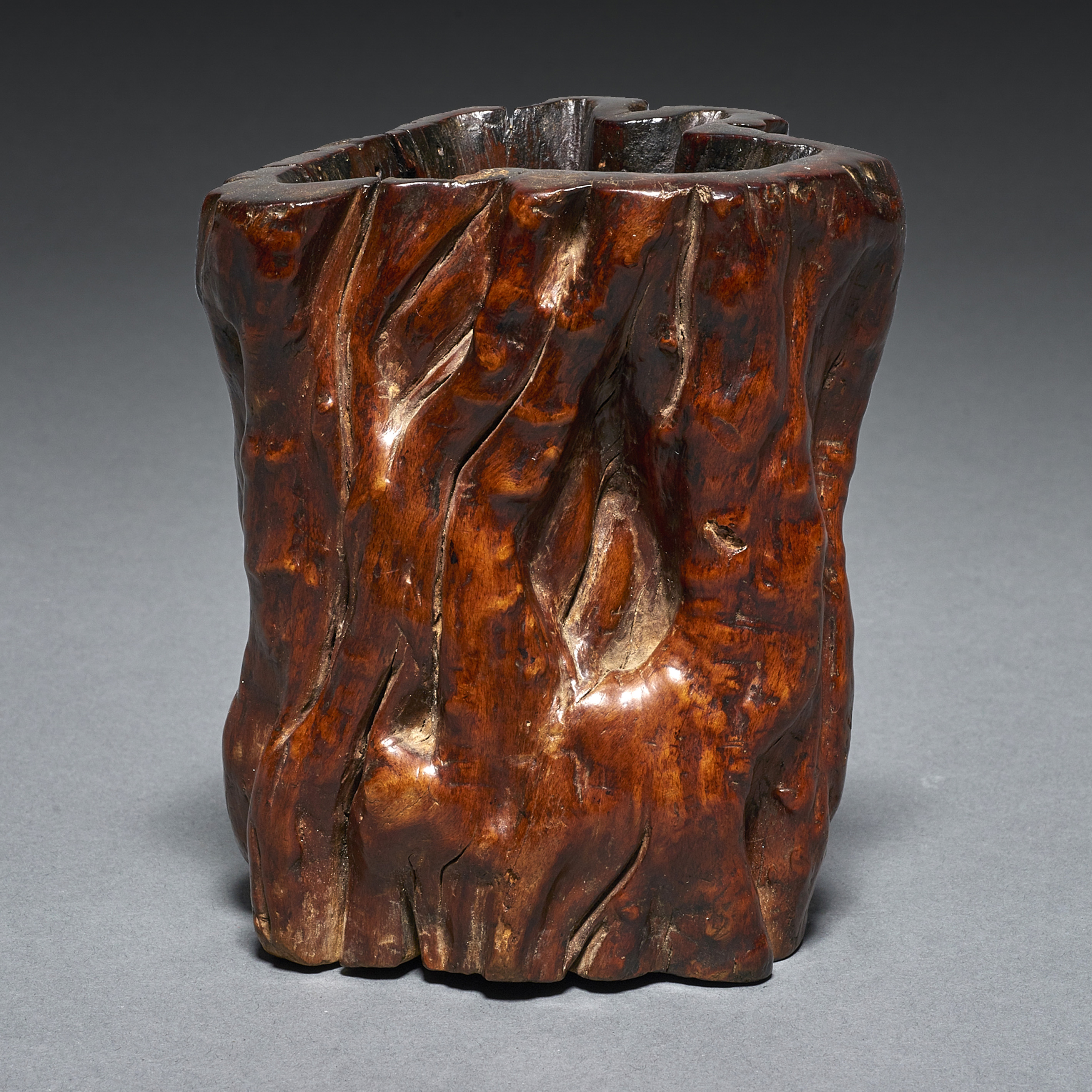 CHINESE BURL WOOD BRUSH POT Chinese