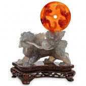 CHINESE CARVED AGATE FOO DOGDE