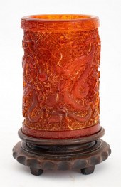 CHINESE CARVED AMBER RESIN BRU