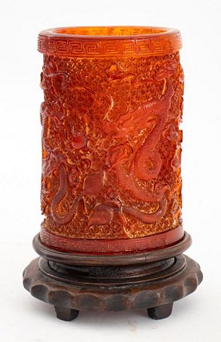 CHINESE CARVED AMBER RESIN BRUSH