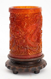 CHINESE CARVED AMBER RESIN BRU