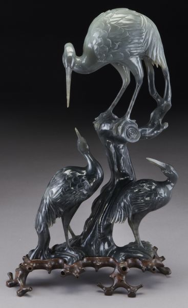 Chinese carved black jade cranes