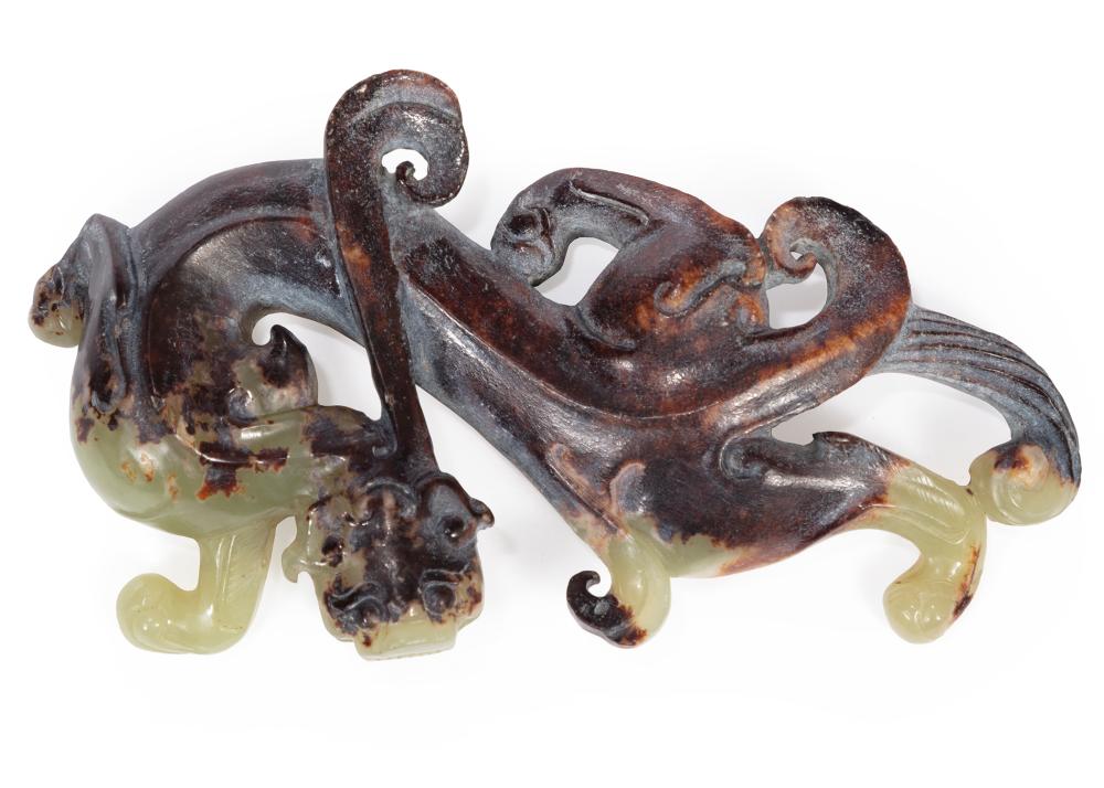 CHINESE CARVED CELADON AND RUSSET