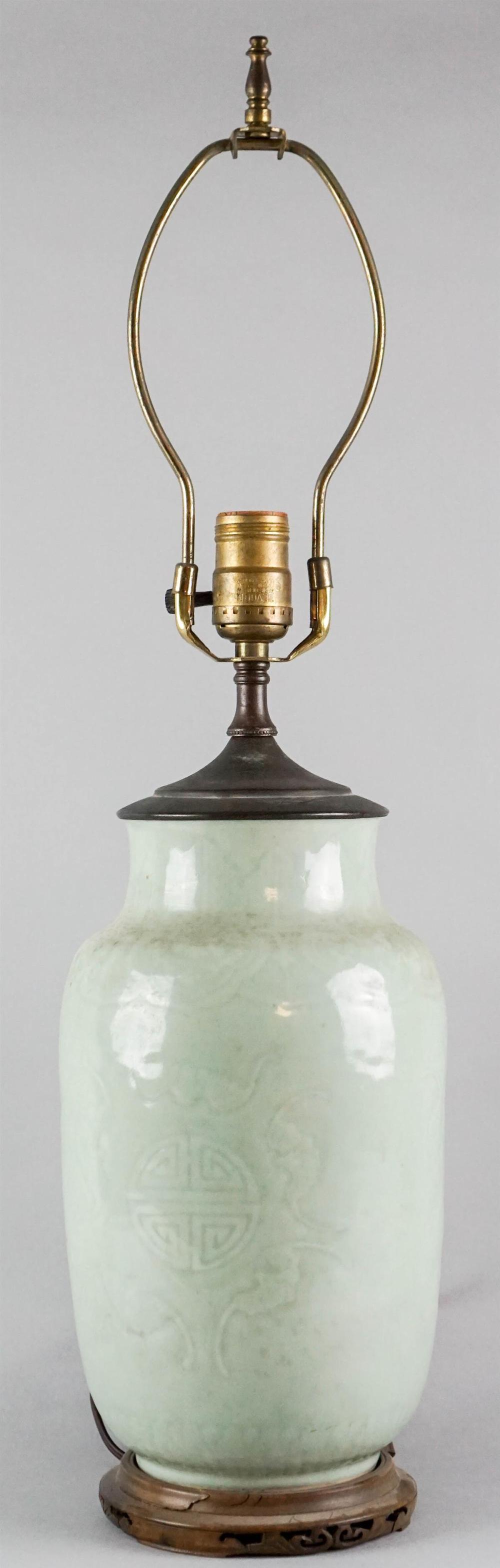 CHINESE CARVED CELADON VASE, NOW
