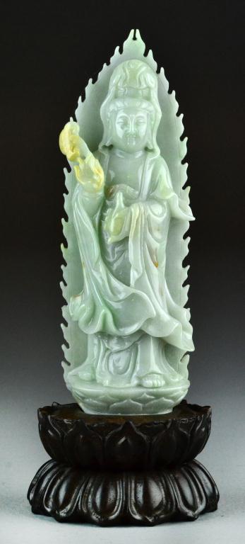 Chinese Carved Celedon Jade Kwan