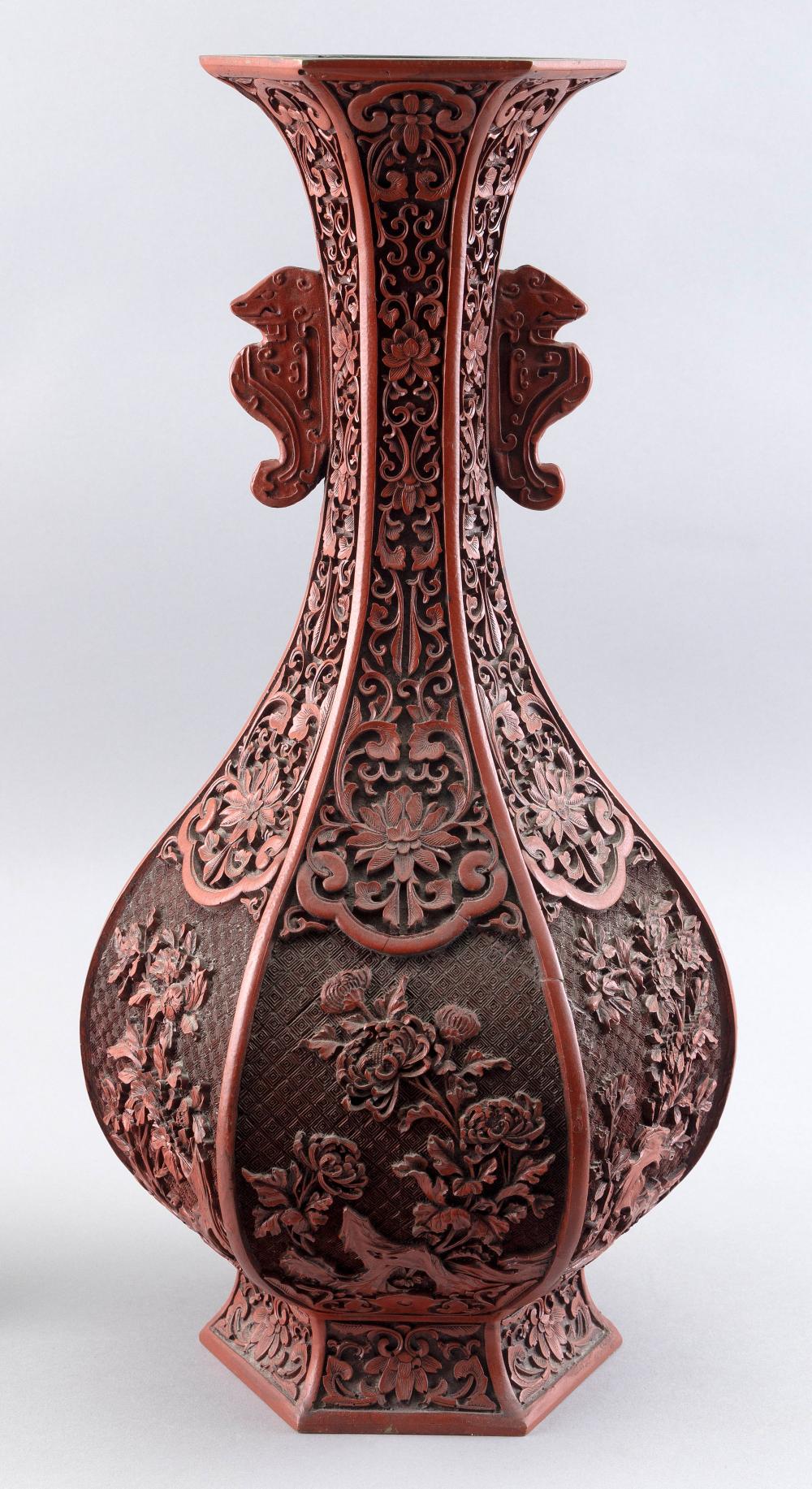 CHINESE CARVED CINNABAR HEXAGONAL