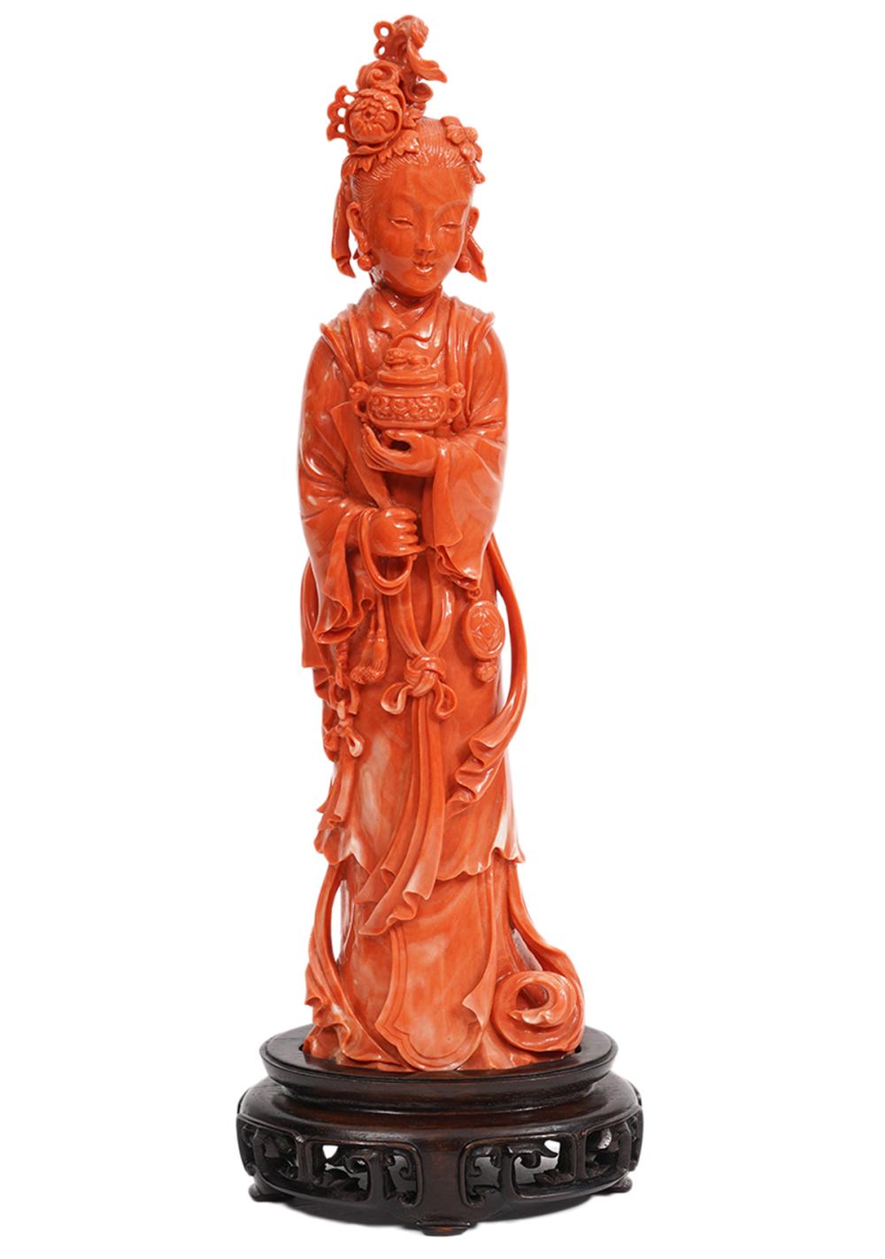 CHINESE CARVED CORAL FIGURE OF