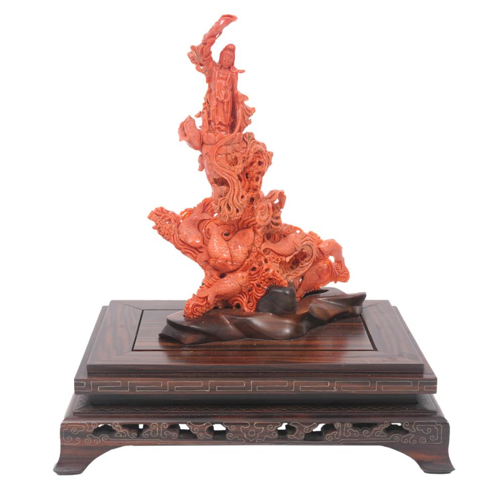 CHINESE CARVED CORAL FIGURE ON WOOD