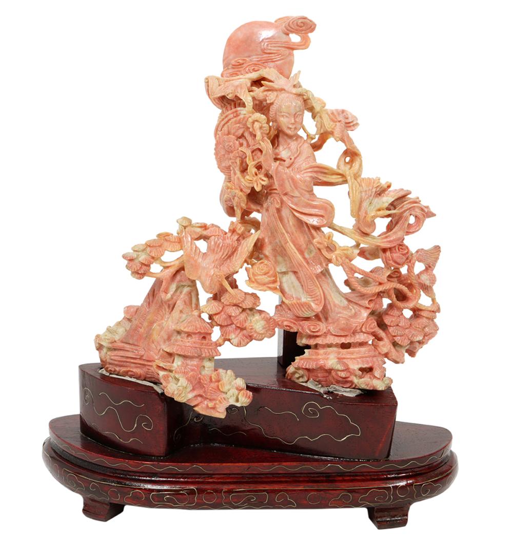 CHINESE CARVED CORAL GUANYIN WITH