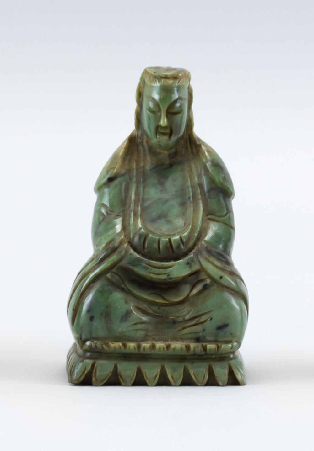 CHINESE CARVED GREEN JADE FIGURE OF