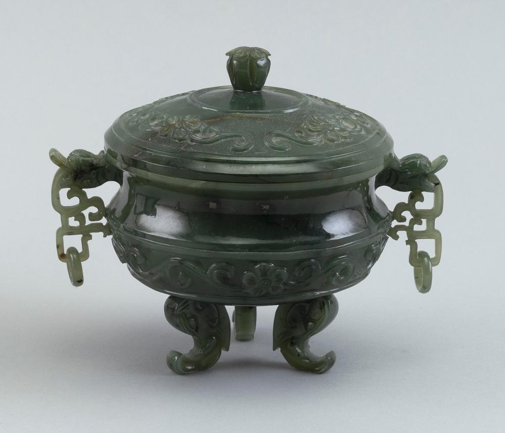 CHINESE CARVED GREEN JADE KORO