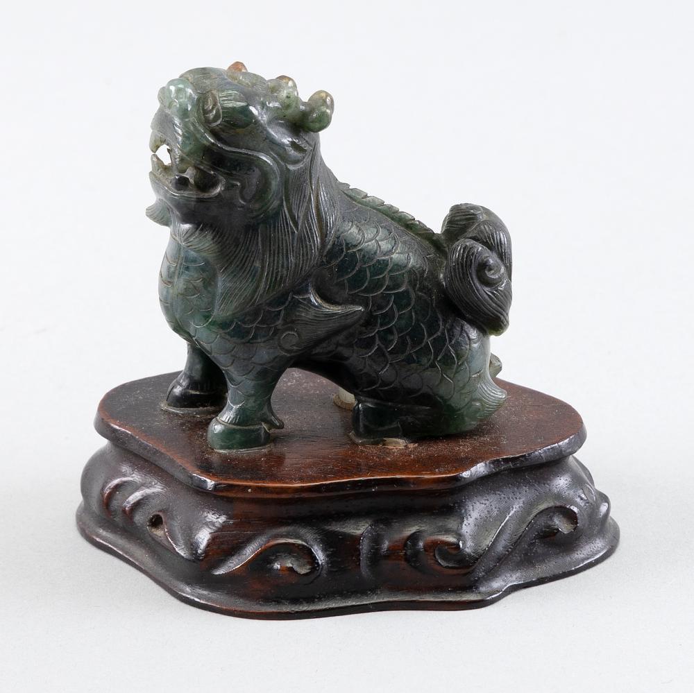 CHINESE CARVED GREEN JADEITE FU DOG
