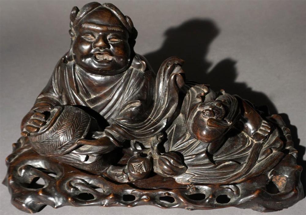 CHINESE CARVED HARDWOOD RECUMBENT