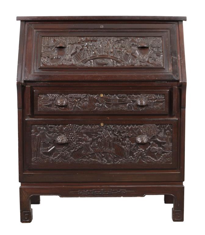 CHINESE CARVED HARDWOOD SLANT FRONT