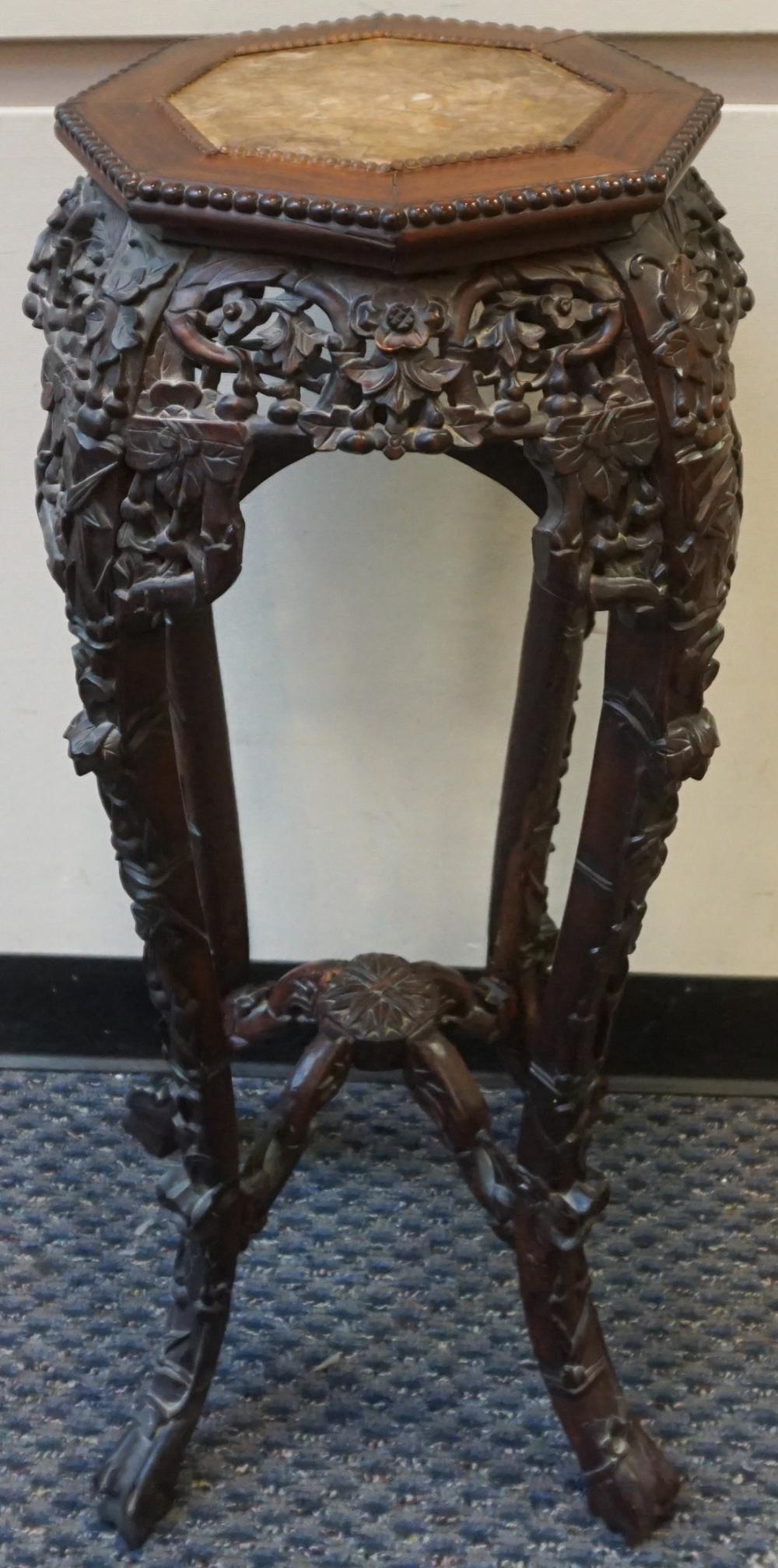 CHINESE CARVED HONGMU AND MARBLE