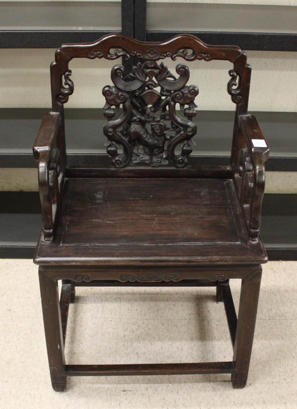 CHINESE CARVED HONGMU ARMCHAIR,