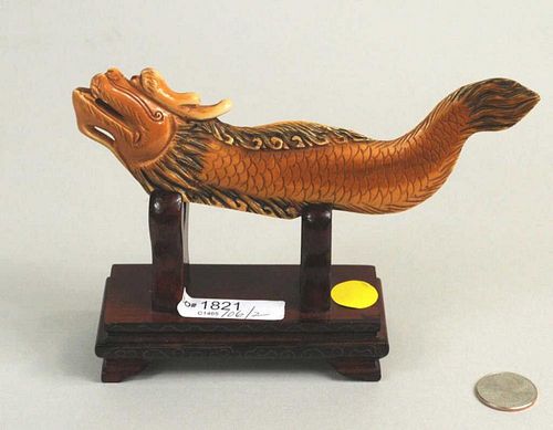 CHINESE CARVED IVORY DRAGON, INLAID