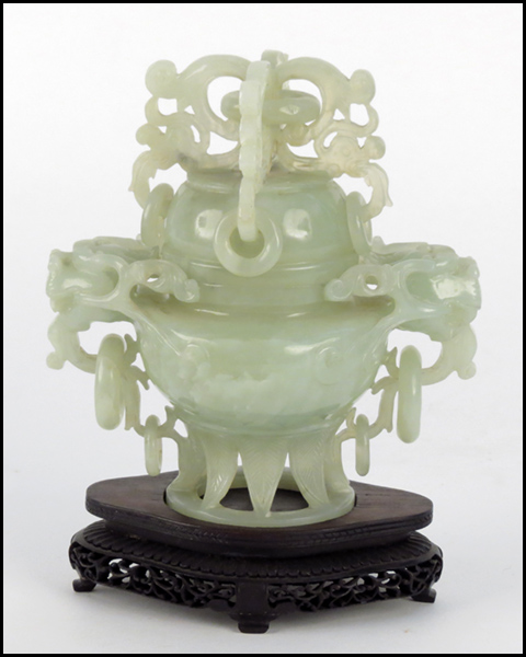 CHINESE CARVED JADE COVERED URN.