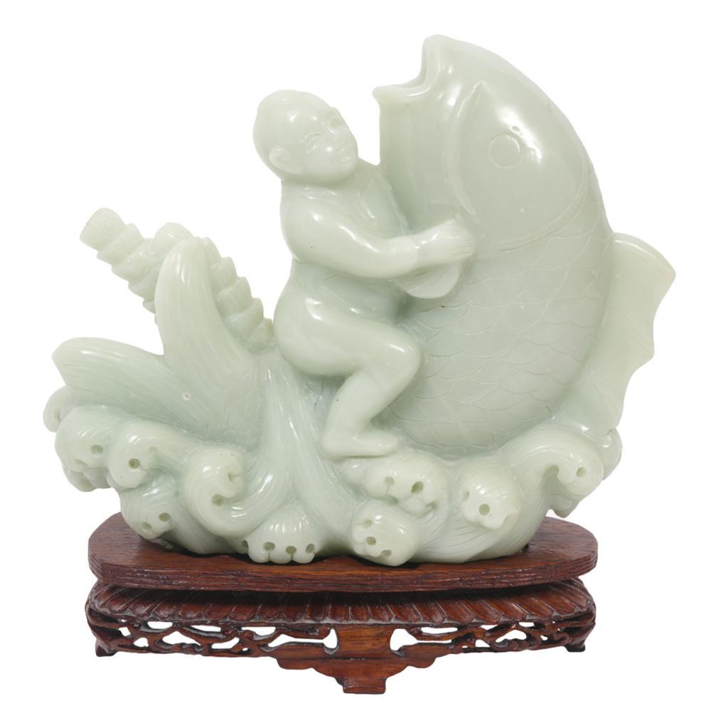 CHINESE CARVED JADE FIGURE BOY ON A