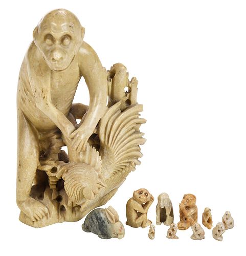 CHINESE CARVED JADE MONKEY AND