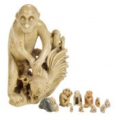 CHINESE CARVED JADE MONKEY AND