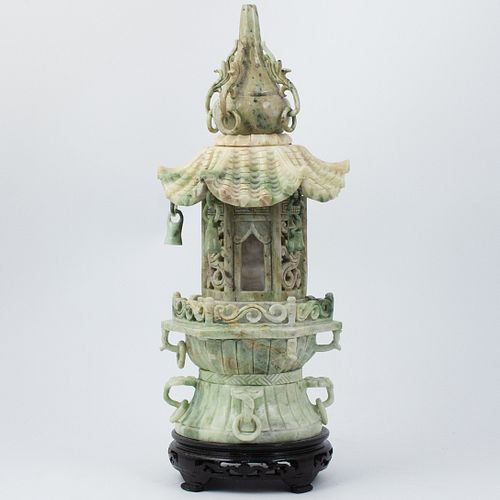 CHINESE CARVED JADE PAGODA CENSOR