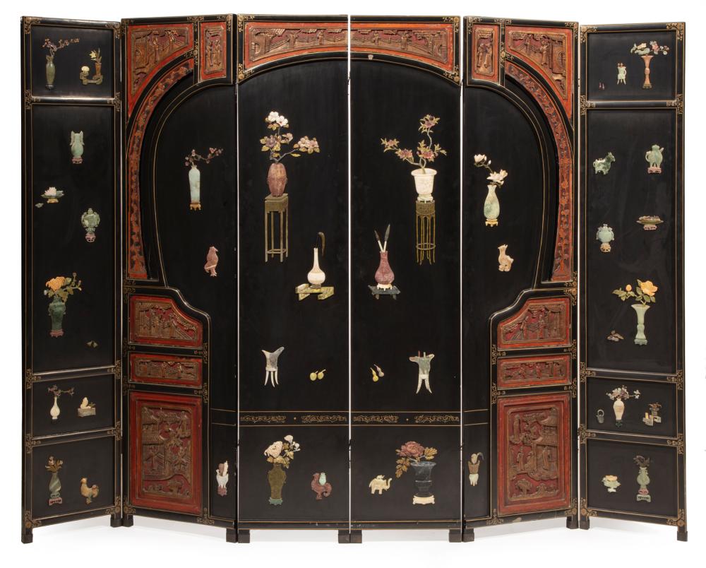 CHINESE CARVED LACQUER SIX PANEL