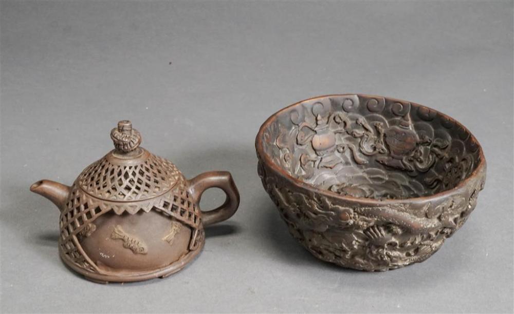 CHINESE CARVED POTTERY BOWL AND