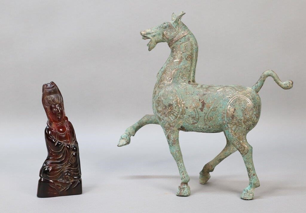 CHINESE CARVED QUAN YIN AND METAL