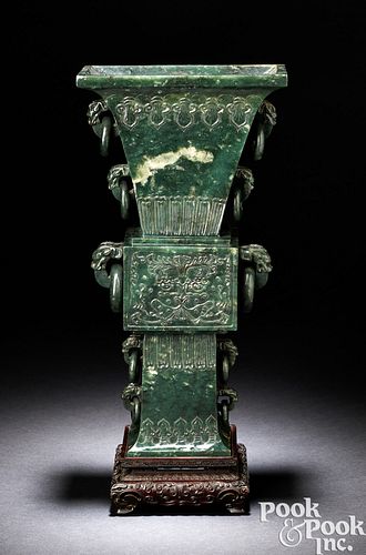 CHINESE CARVED SPINACH JADE URN,