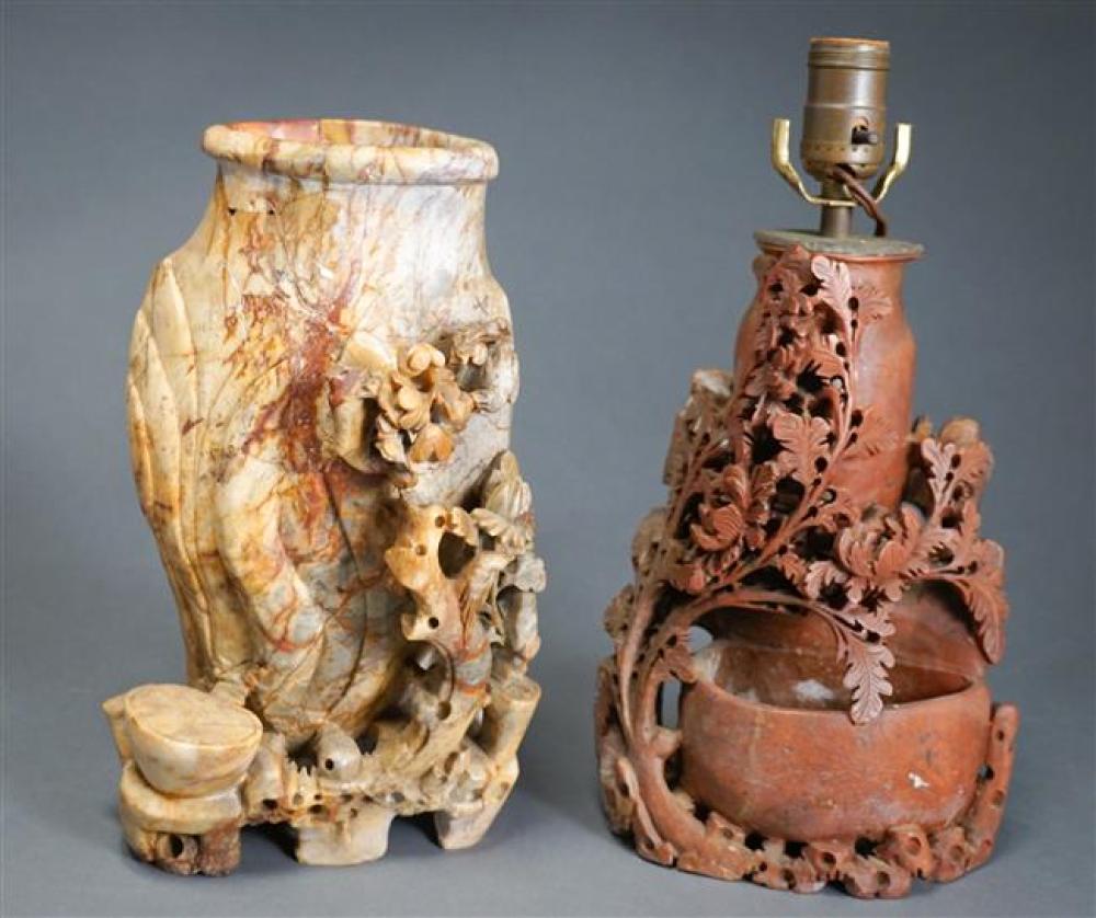 CHINESE CARVED STONE VASE AND A