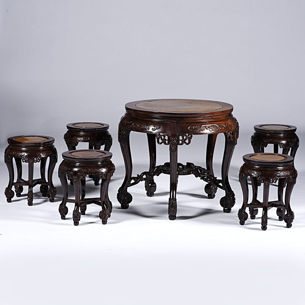 Chinese Carved Table and Stools