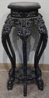 CHINESE CARVED TEAK AND MARBLE