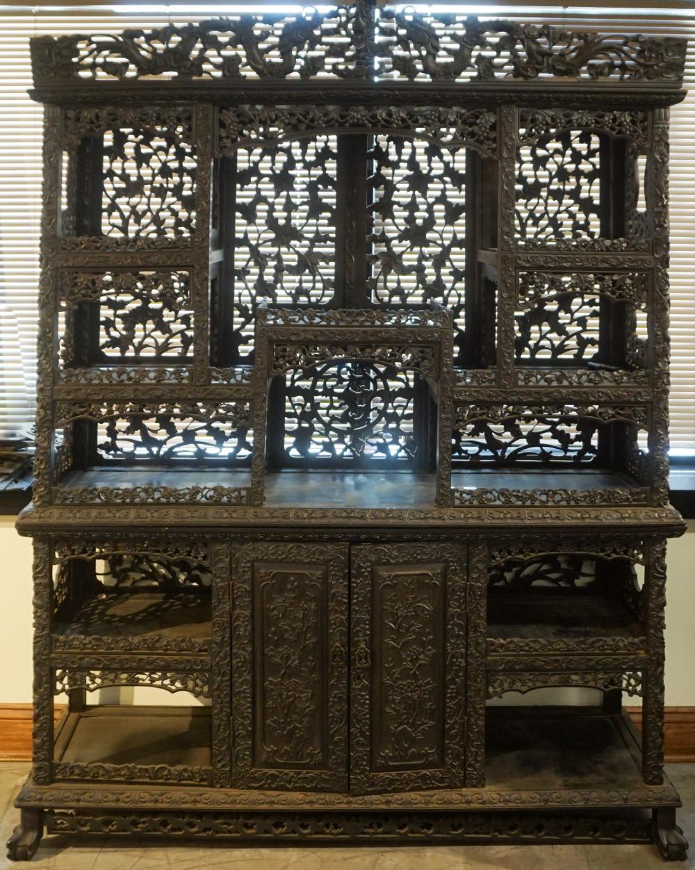 CHINESE CARVED TEAK TWO-PART