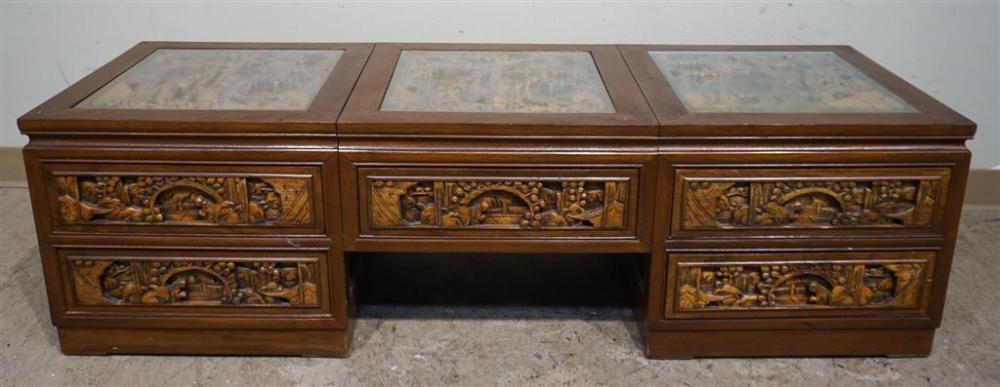 CHINESE CARVED WOOD GLASS INSET LOW