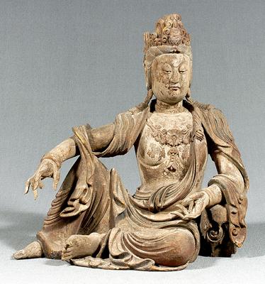 Chinese carved wood Guanyin, inlaid