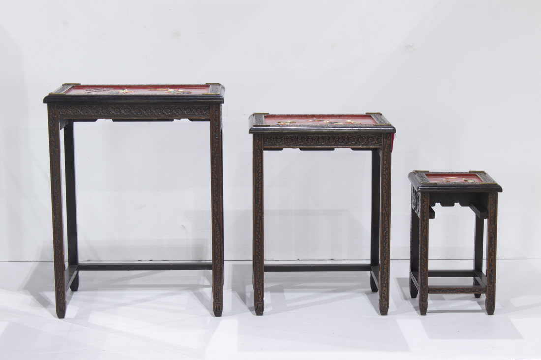CHINESE CARVED WOOD NEST OF THREE