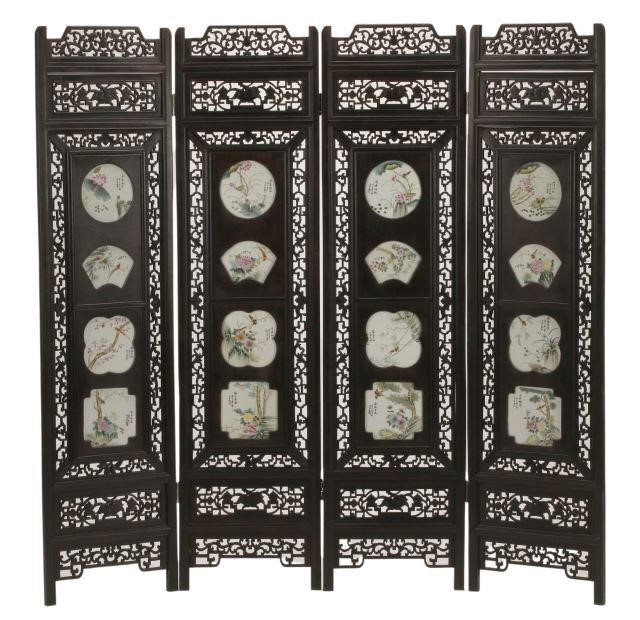 CHINESE CARVED WOOD & PORCELAIN