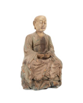 CHINESE CARVED WOOD SEATED LUO