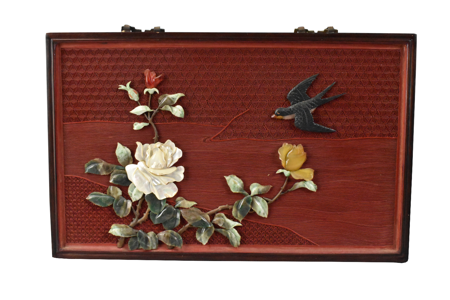 CHINESE CAVED LACQUERED PANEL W/
