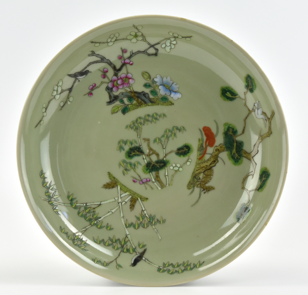 CHINESE CELADON FAMILLE ROSE PLATE,